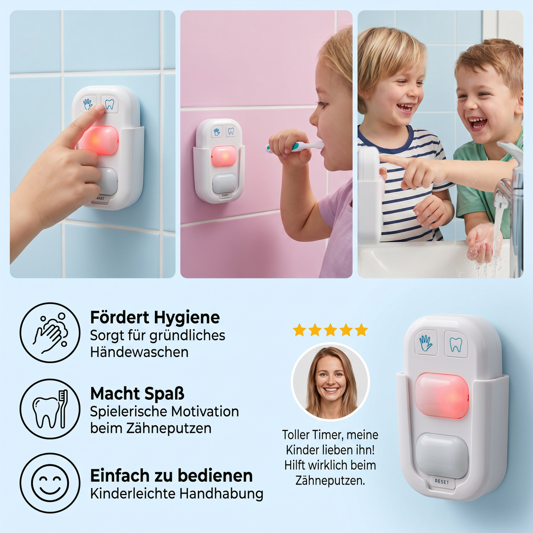 Lernspielzeug LED Timer für Kinder. Unterstützt den Aufbau gesunder Hände- und Zähne-Hygiene-Routinen spielerisch.