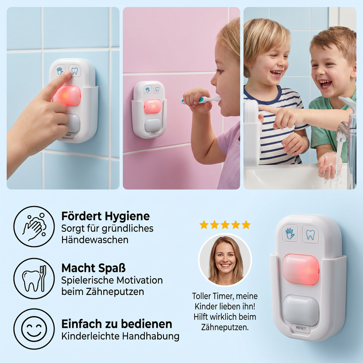 Lernspielzeug LED Timer für Kinder. Unterstützt den Aufbau gesunder Hände- und Zähne-Hygiene-Routinen spielerisch.