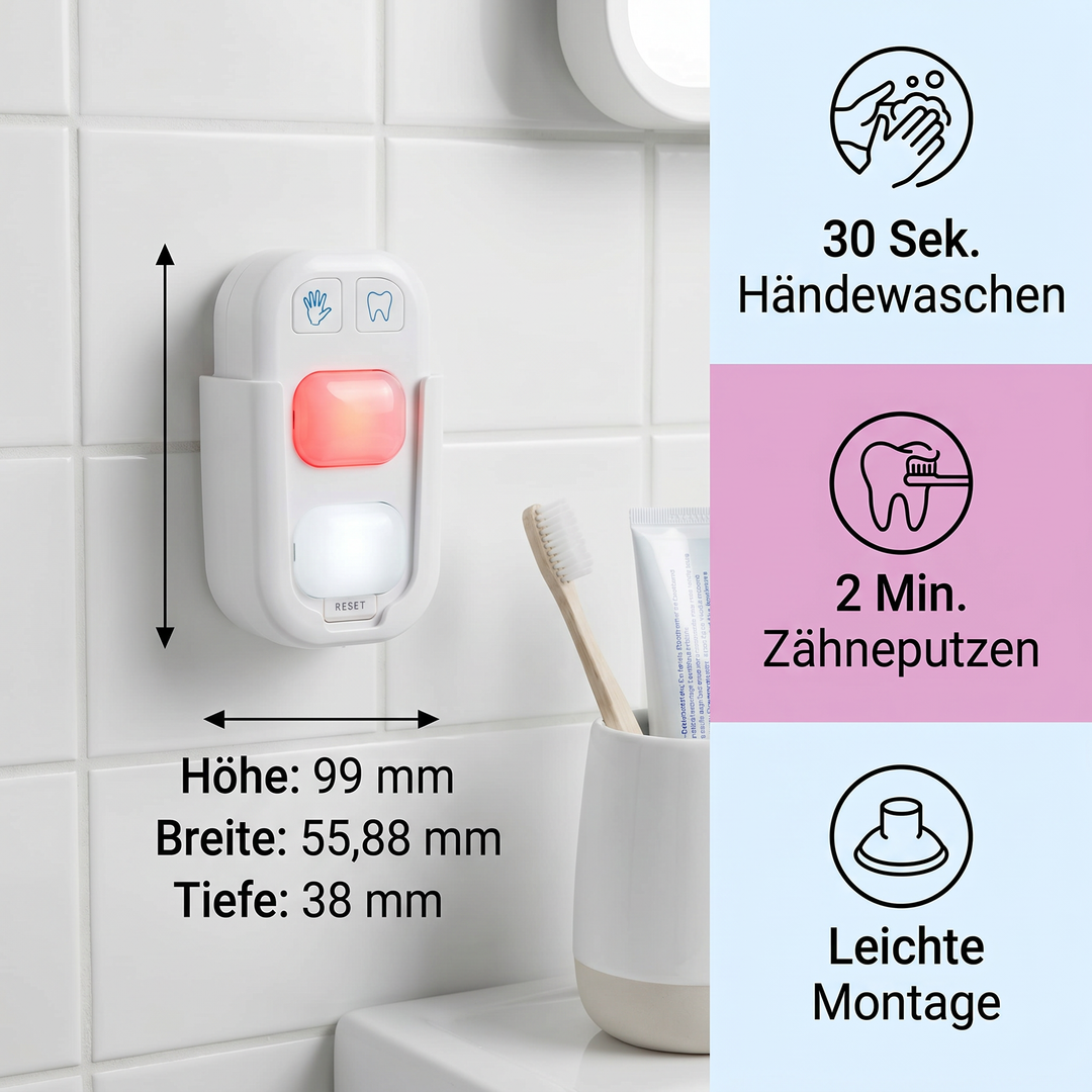 Fröhlicher Kinder LED Timer motiviert beim Zähneputzen & Händewaschen. Spielerisch Hygiene lernen mit Spaß.