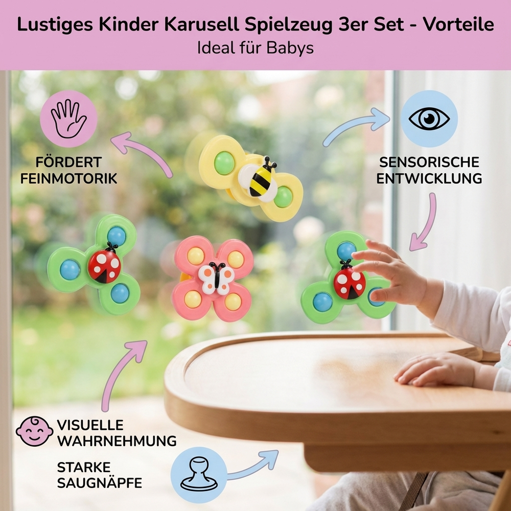 Detailaufnahme des bunten Karussell Spielzeugsets für Kinder, mit 3 Teilen, ideal als Babyspielzeug.