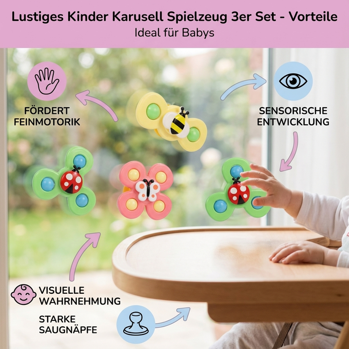 Detailaufnahme des bunten Karussell Spielzeugsets für Kinder, mit 3 Teilen, ideal als Babyspielzeug.