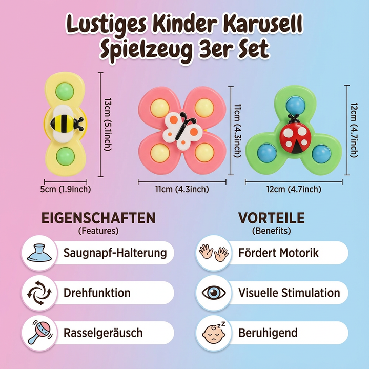 Sensorisches Babyspielzeug Karussell-Set, 3 bunte Teile für motorikförderndes und sicheres Spiel von Kleinkindern.
