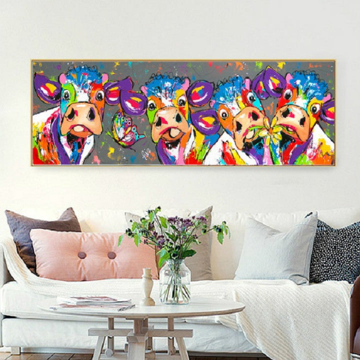 Leinwandbild bunte Kühe, hochwertiger HD Druck. Gerahmte Tierkunst für moderne, farbenfrohe Wohnkultur.