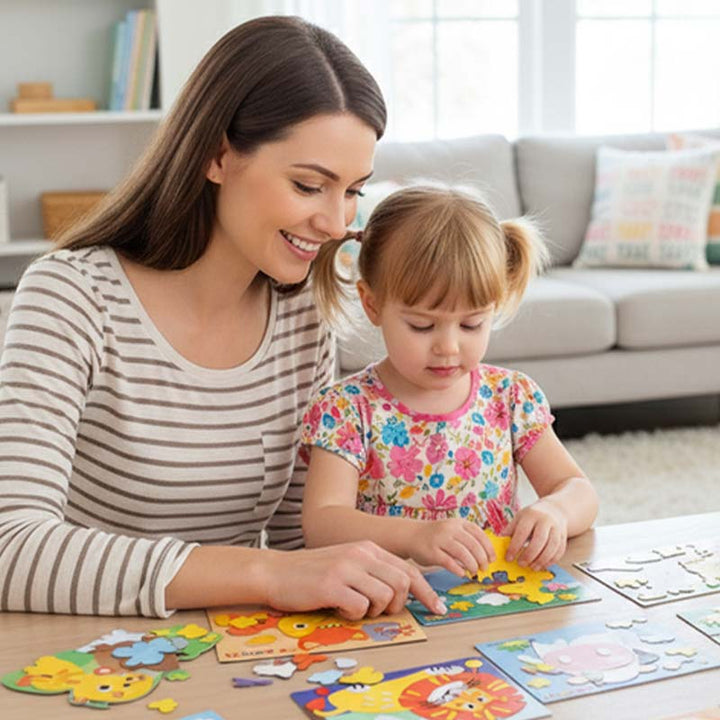 Detailansicht des Kinder 3D Sticker-Sets, zeigt farbige EVA-Schaum-Teile zum Selbstgestalten. 