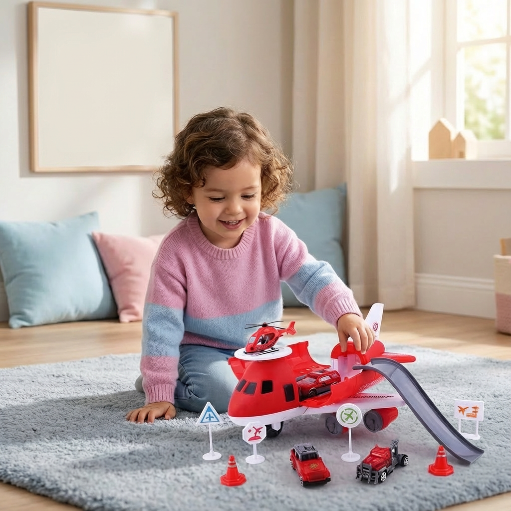 Ein Kind spielt begeistert mit dem Flugzeug und den Fahrzeugen des Motorik Spielsets, fördert Fantasie.