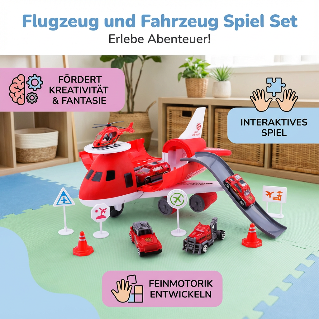 Detailaufnahme des Flugzeugs und der verschiedenen Fahrzeuge aus dem Abenteuer Spielzeug Set für Kinder.
