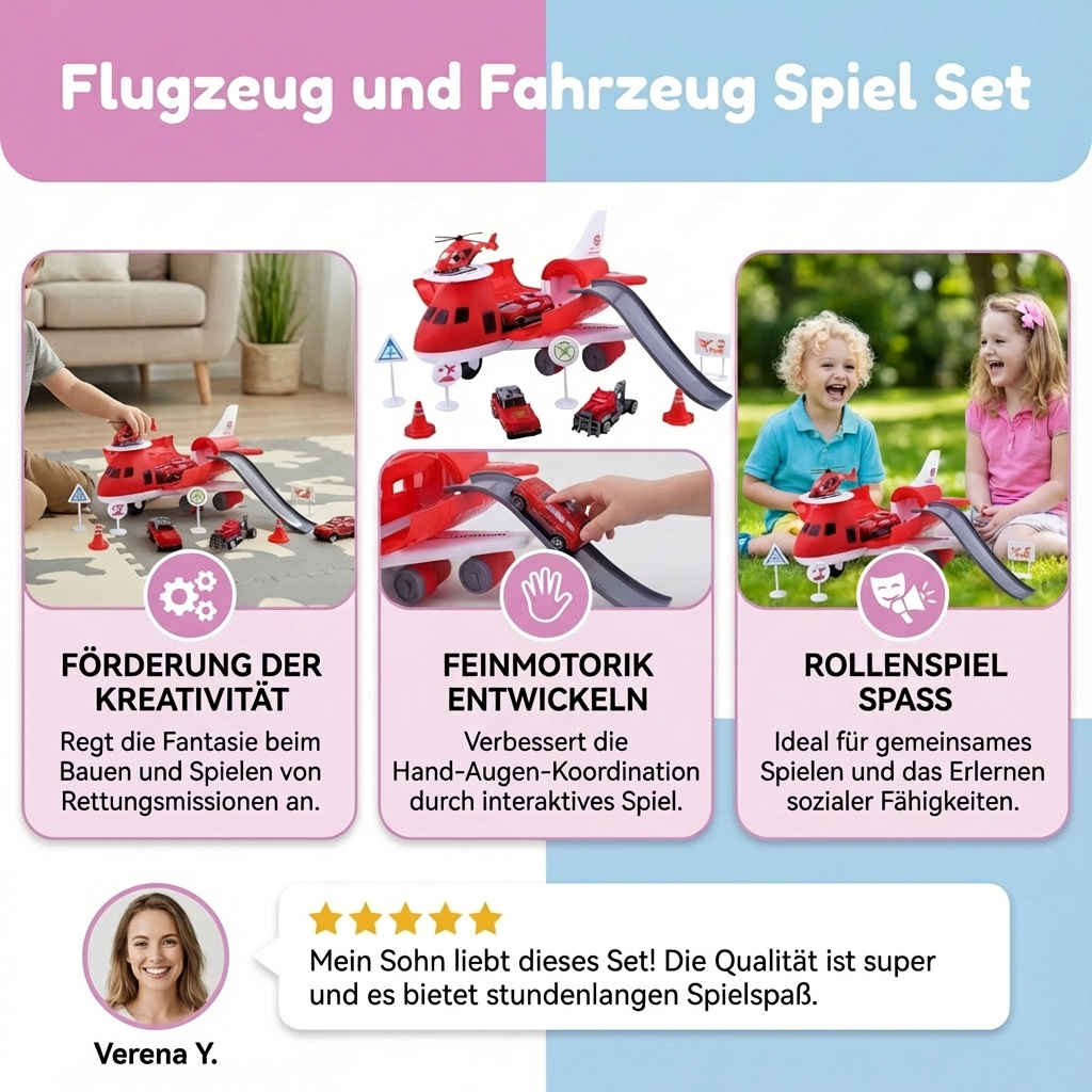 Ideales Geschenk: Flugzeug & Fahrzeuge Spielset, robustes Kleinkind Spielzeug für Rollenspiel & Motorik.