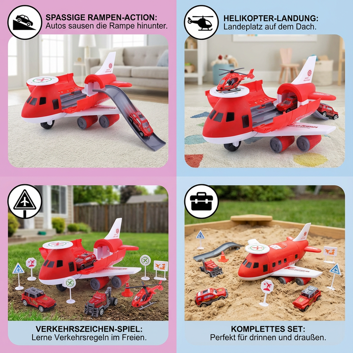 Abenteuerliches Kinderfahrzeug-Set mit Flugzeug, Autos & LKW, perfekt für fantasievolle Spielwelten.