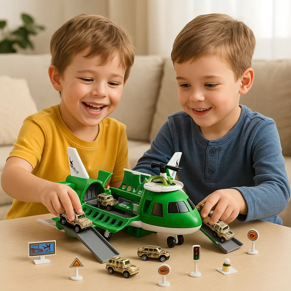 Vielfältige bunte Fahrzeuge und ein Flugzeug als Spielzeug-Set für kreatives Kleinkind-Rollenspiel.