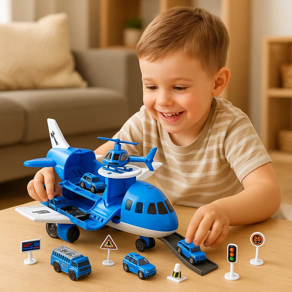 Ein Kleinkind lacht beim Entdecken des Flugzeugs und der Fahrzeuge aus dem Abenteuer-Spielset.