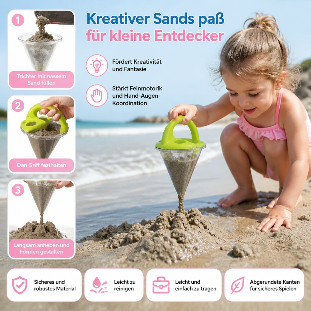 Kind spielt begeistert mit Sand Trichter Spielzeug, entwickelt Hand-Augen-Koordination am Strand.