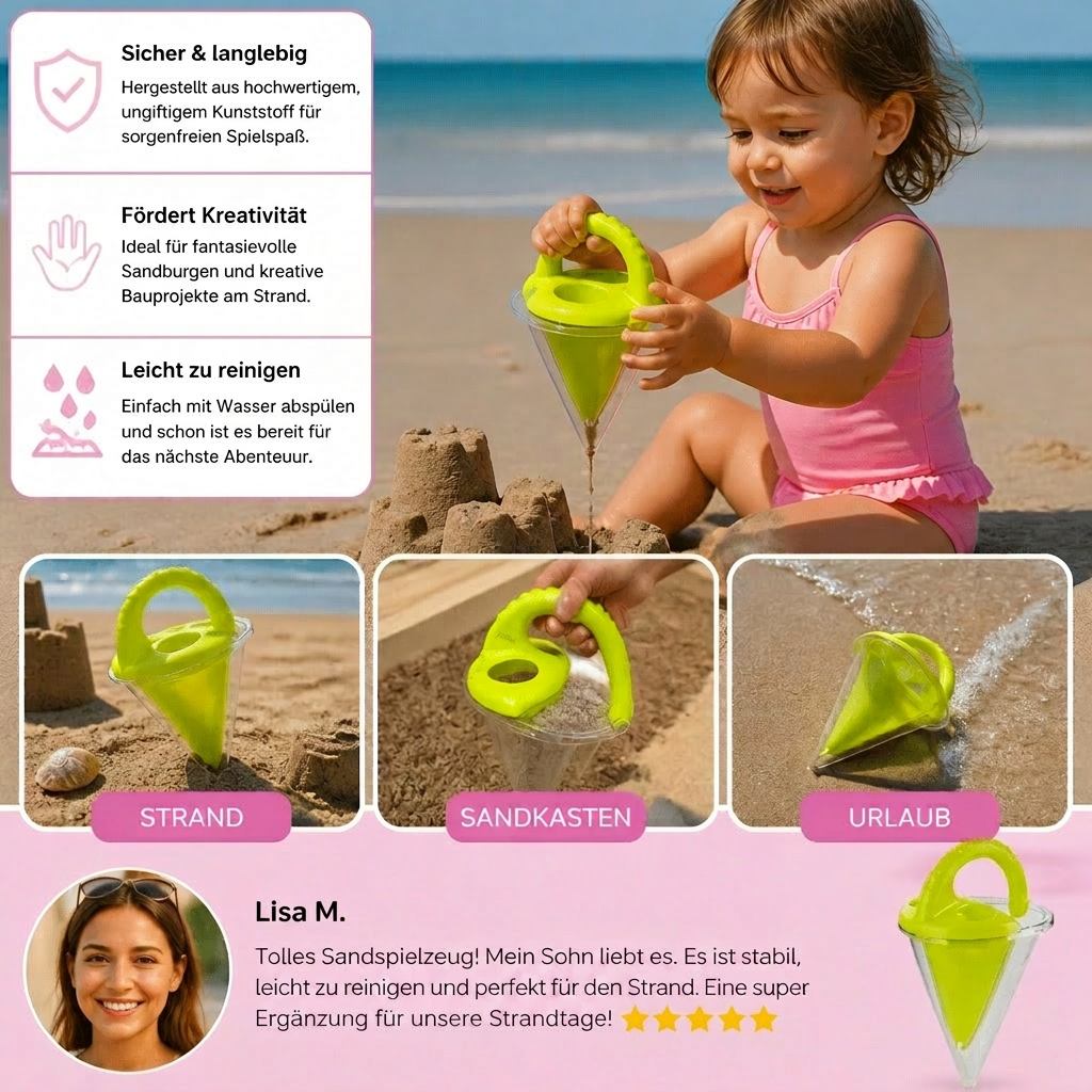 Lernspielzeug Sand Trichter für Kinder, unterstützt Feinmotorik und Kreativität beim Sandspiel.