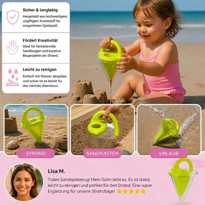 Lernspielzeug Sand Trichter für Kinder, unterstützt Feinmotorik und Kreativität beim Sandspiel.