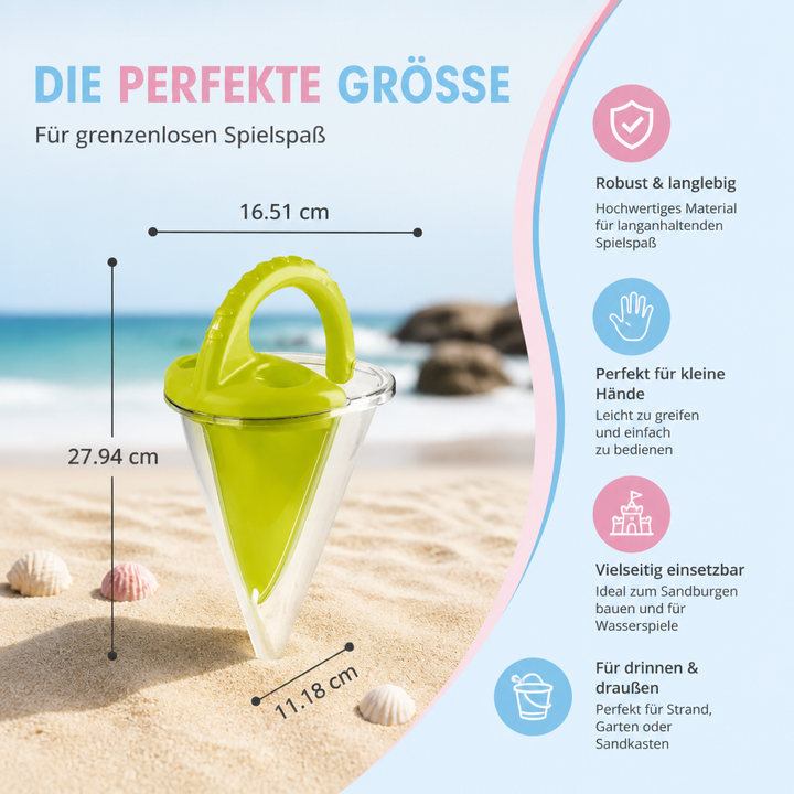 Detailansicht des farbenfrohen Kinder Sand Trichter Spielzeugs, langlebiges Kreativspielzeug.