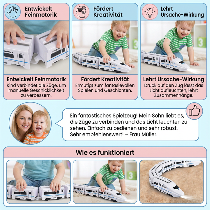 Elektrischer Kettenzug für Kinder, bunter Spielzeugzug, fördert spielerisch motorische Fähigkeiten & Entwicklung.