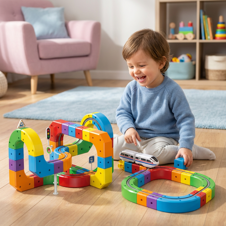 Nahaufnahme der farbigen Würfel und Schienen der Magische Würfel Bahn, fördert Motorik bei Kleinkindern.
