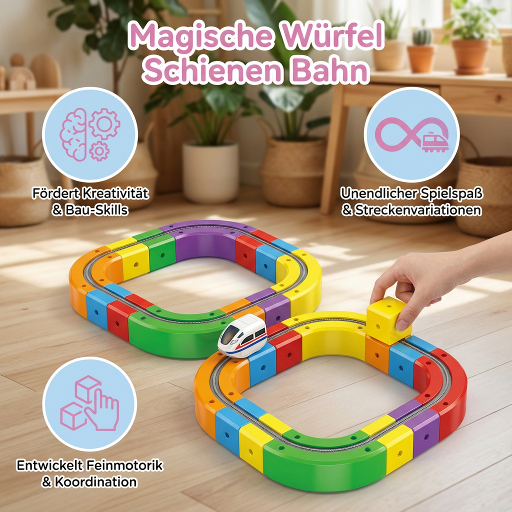 Kind spielt begeistert mit der Magische Würfel Schienen Bahn, ein interaktives Lernspielzeug für Vorschulkinder.