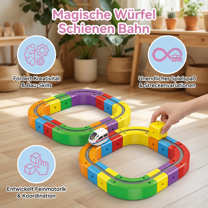 Kind spielt begeistert mit der Magische Würfel Schienen Bahn, ein interaktives Lernspielzeug für Vorschulkinder.