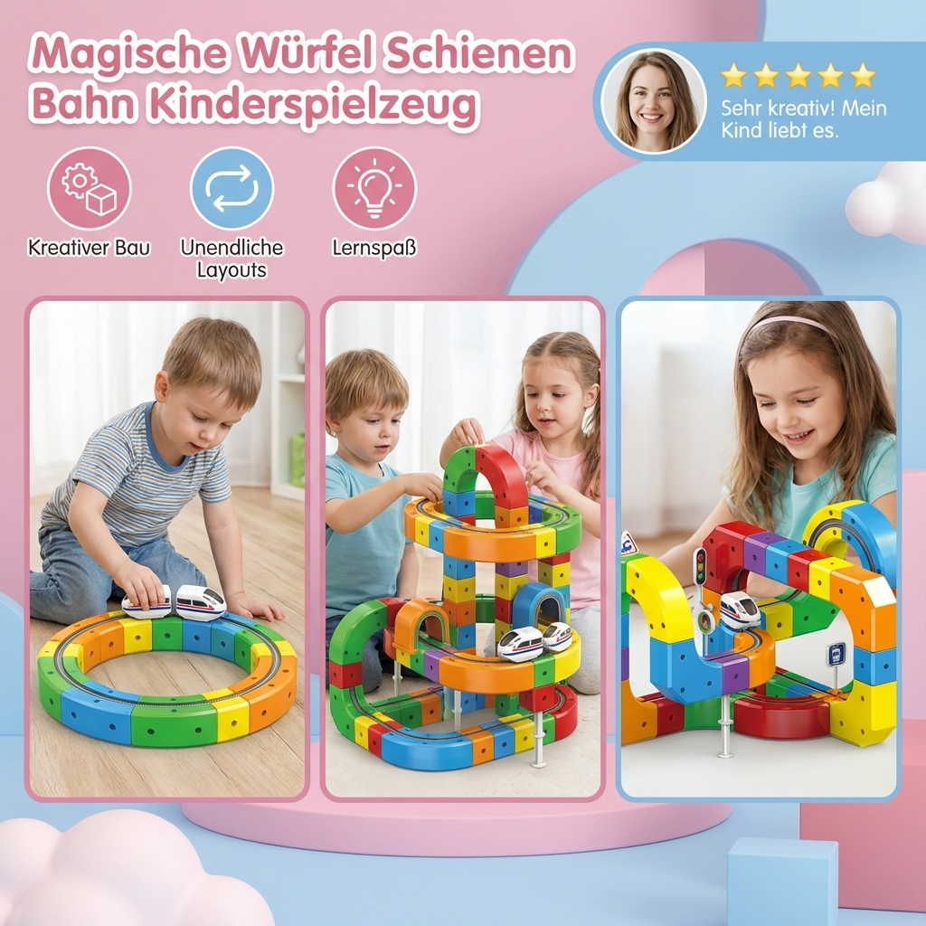 Fertig aufgebaute Schienenbahn aus magischen Würfeln, zeigt vielseitige Bauoptionen für kreatives Spiel.