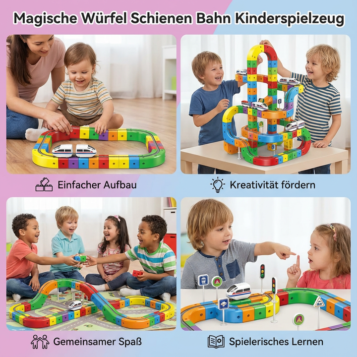 Verschiedene Aufbau-Beispiele der Magische Würfel Schienen Bahn, zeigt unendliche Gestaltungsmöglichkeiten des Bauspielzeugs.