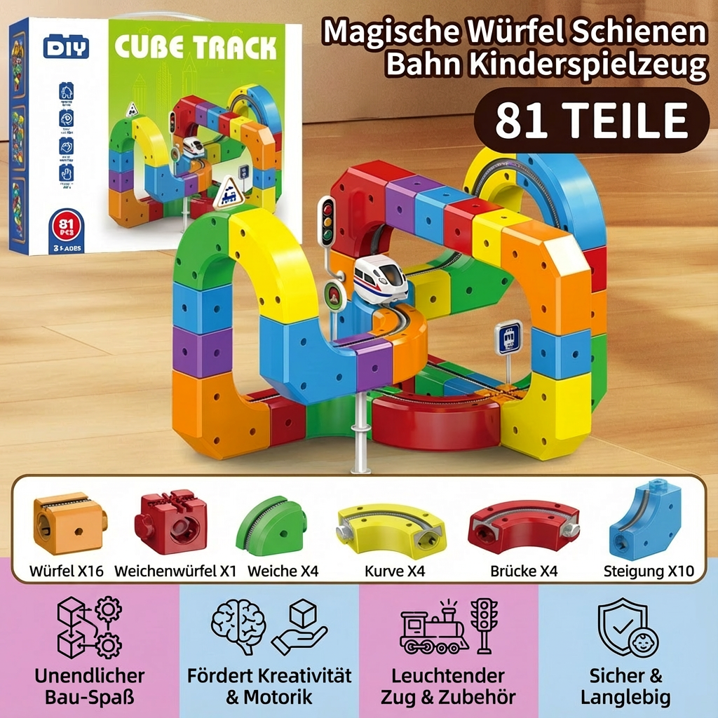 Pädagogisches Magische Würfel Schienen Bahn Lernspielzeug, ideal zur Entwicklung von Motorik und Problemlösung bei Kindern.