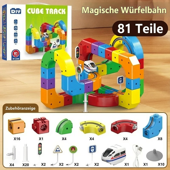 Geschenkbox der Magische Würfel Schienen Bahn, ein perfektes Geschenk für Kleinkinder und Vorschulkinder zum Geburtstag.