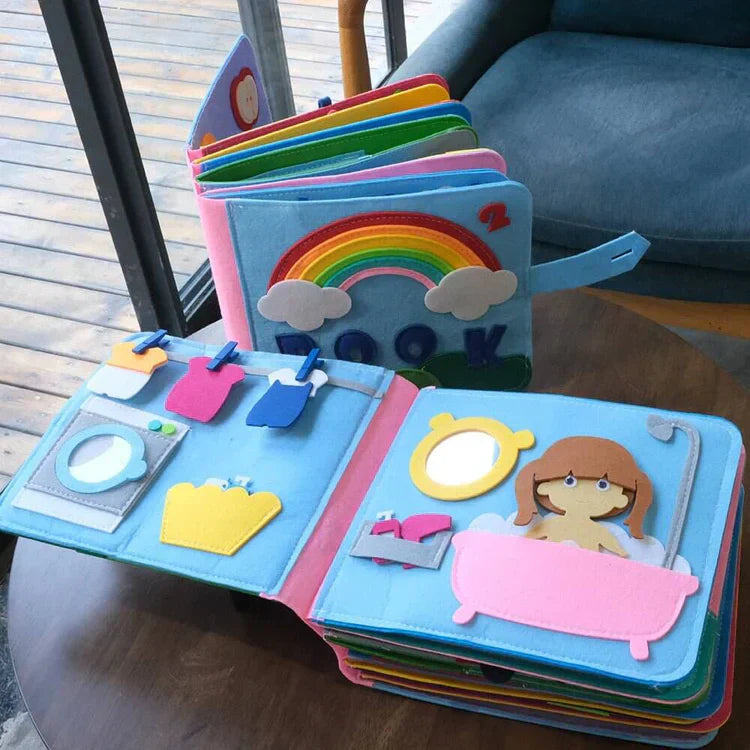 Buntes Montessori Filzbuch für Kinder, fördert Feinmotorik und Kreativität nach Montessori-Prinzipien.
