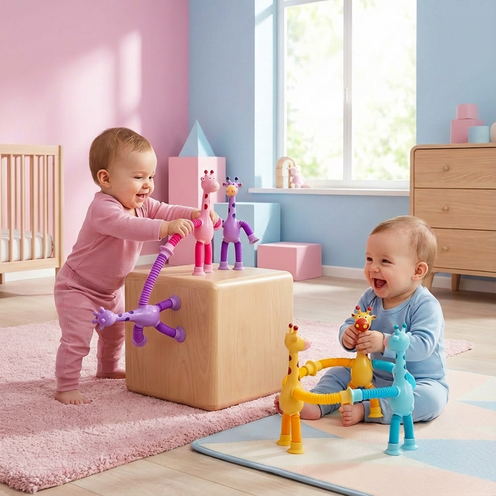 Buntes sensorisches Giraffen Babyspielzeug mit Saugnapf; fördert Motorik und Sinnesentwicklung bei Kleinkindern.
