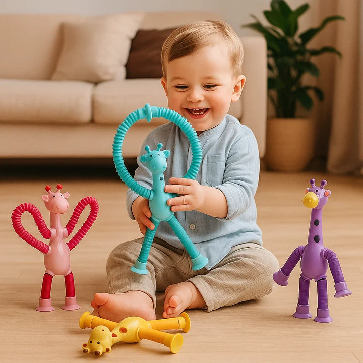 Rosa, blau, violettes Giraffen Babyspielzeug mit Saugnapf; interaktives Lernspielzeug für die Baby-Motorik.