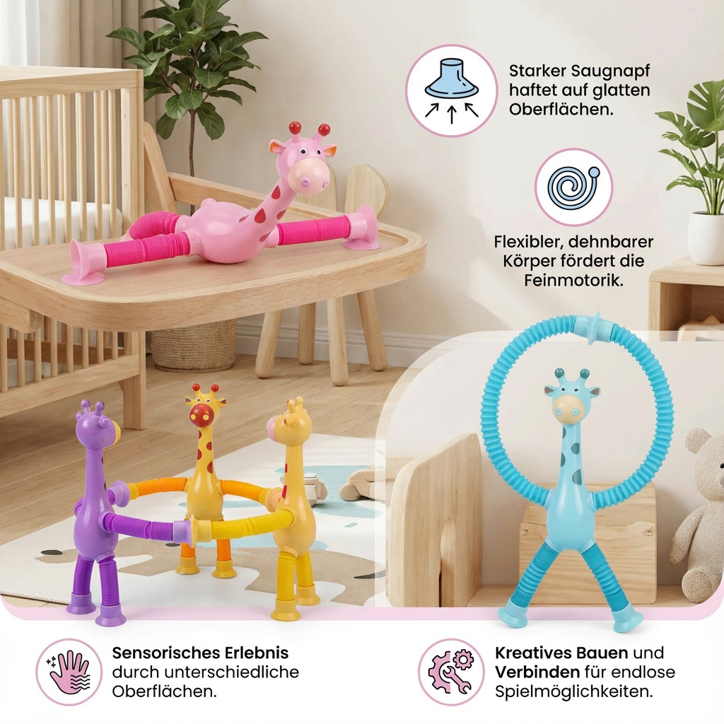 Sensorisches Giraffen Spielzeug mit Saugnapf als Baby Geschenk, ideal für Greifen und Entdecken.