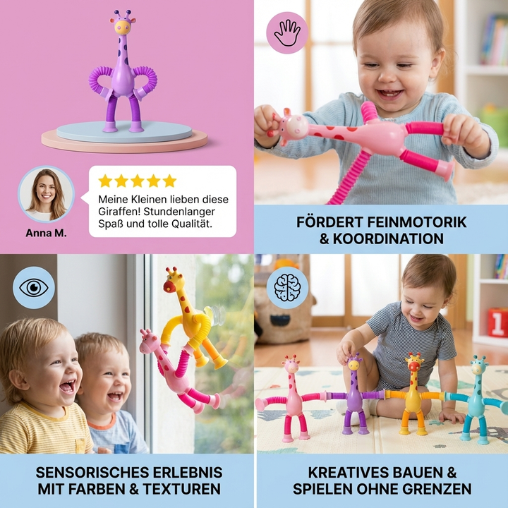 Lernspielzeug Giraffe mit starkem Saugnapf, fördert spielerisch die Hand-Auge-Koordination von Babys.