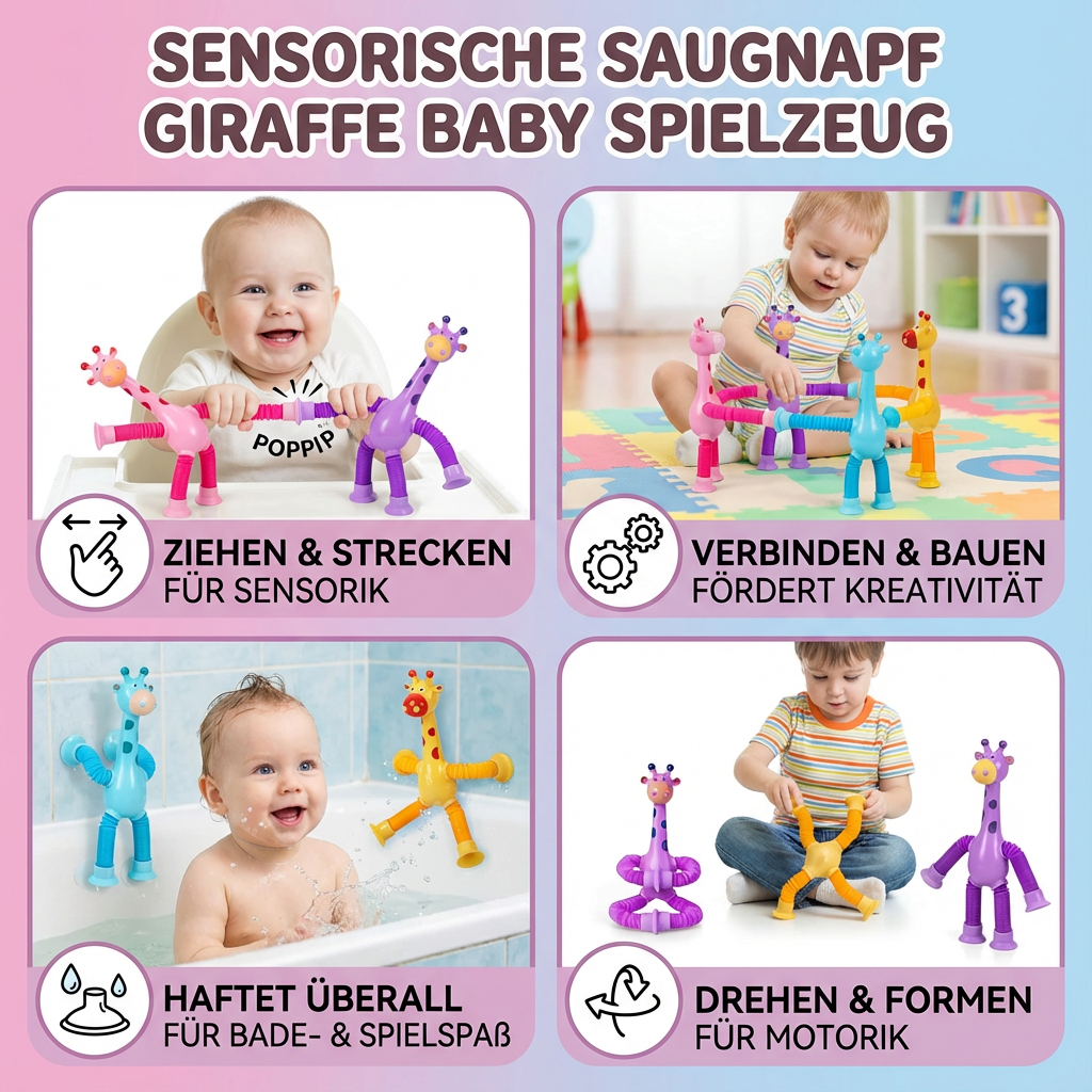 Detailaufnahme vom sensorischen Giraffen Babyspielzeug mit Saugnapf, zeigt Greifringe und Texturen.