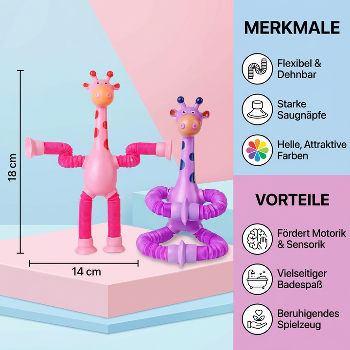 Giraffen Aktivitätsspielzeug für Kleinkinder, mit Saugnapf sicher am Hochstuhl oder Tisch befestigt.