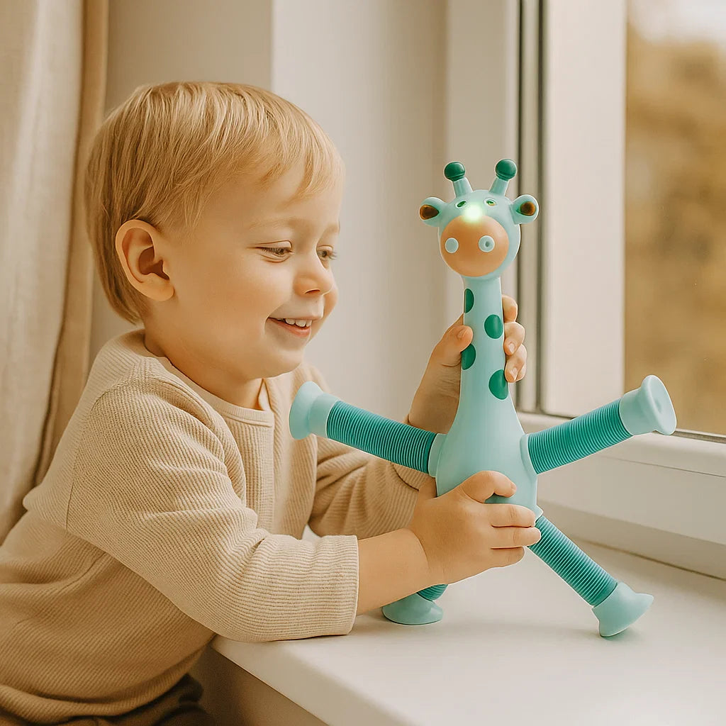 Fröhliches Giraffen Babyspielzeug in Gelb, Rosa, Blau, mit Saugnapf, weckt Neugier bei Kleinkindern.