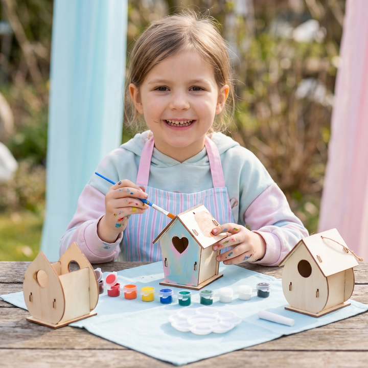 Buntes Vogelhaus Bastel- & Malset aus Holz für Kinder. Kreatives DIY-Spielzeug & Lernspielzeug.