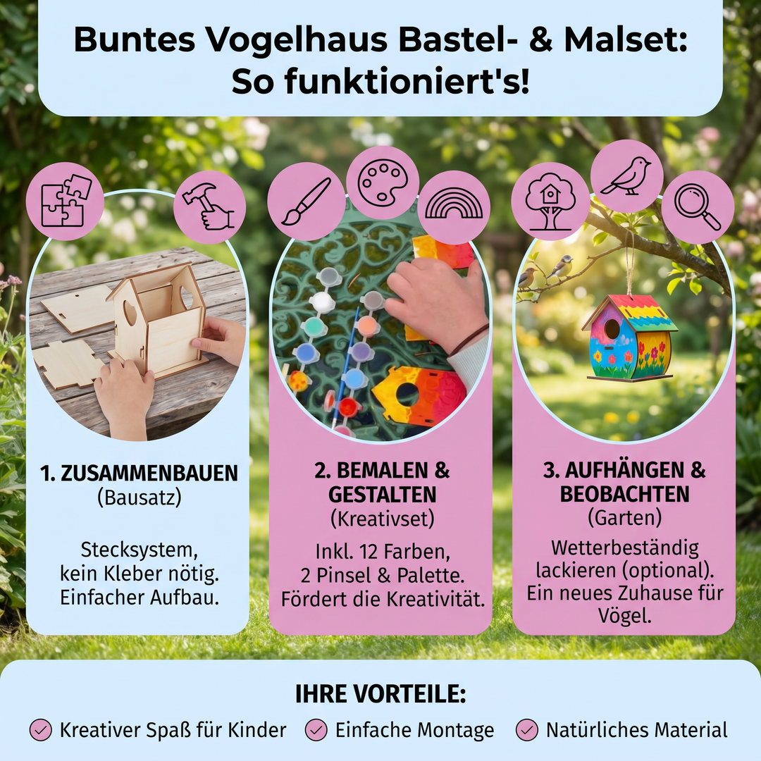 Kinder Bastelset zum Vogelhaus Basteln und Malen. Fördert Kreativität & Motorik. Ideales Lernspielzeug.