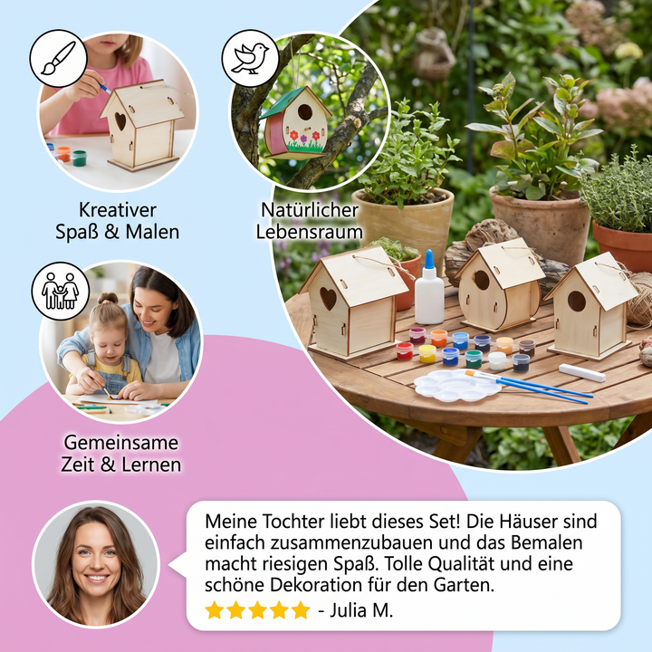 Umweltfreundliches Holz Bastelset: DIY Vogelhaus zum Bemalen für Kinder. Schönes Natur-Spielzeug Geschenk.