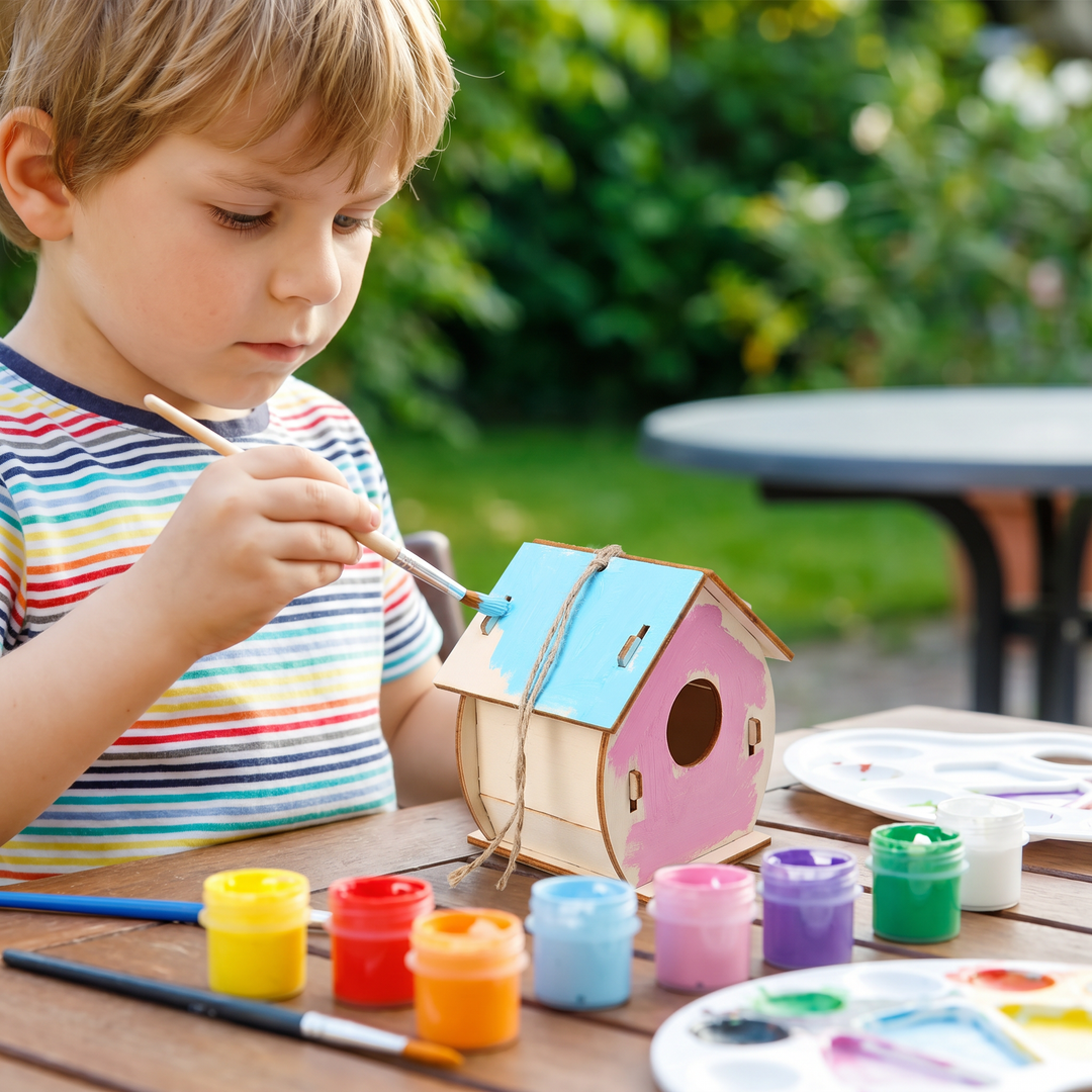 Komplettes Bastel- & Malset für Kinder: Vogelhaus aus Holz, bunt bemalbar. Ideal für kreative Köpfe.