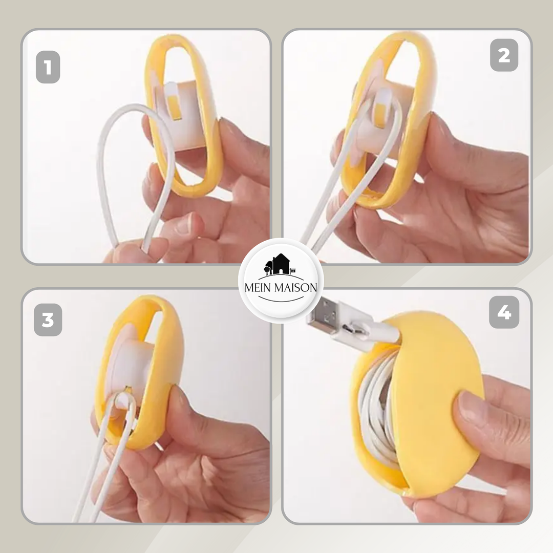 Eleganter schwarzer CableEase Kabelaufwickler; löst Kabelsalat, perfekt für mobiles Elektronikzubehör & Schreibtisch.