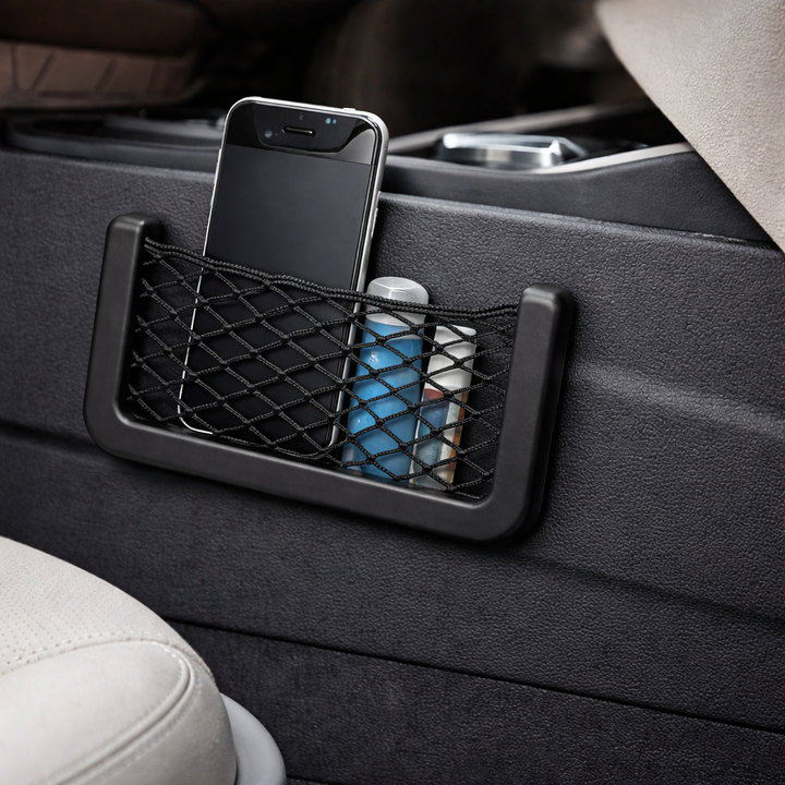 CarPocket Pro Auto Netztasche: Selbstklebendes Ablagenetz für Handy, Schlüssel & kleine Gegenstände im Fahrzeug.