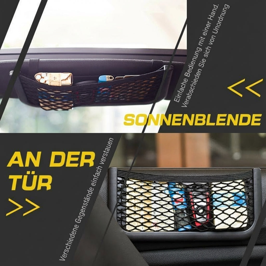 Vielseitiger Auto Organizer: CarPocket Pro Netztasche für Kabel, Snacks & Kleinteile im Fahrzeug. Selbstklebend.