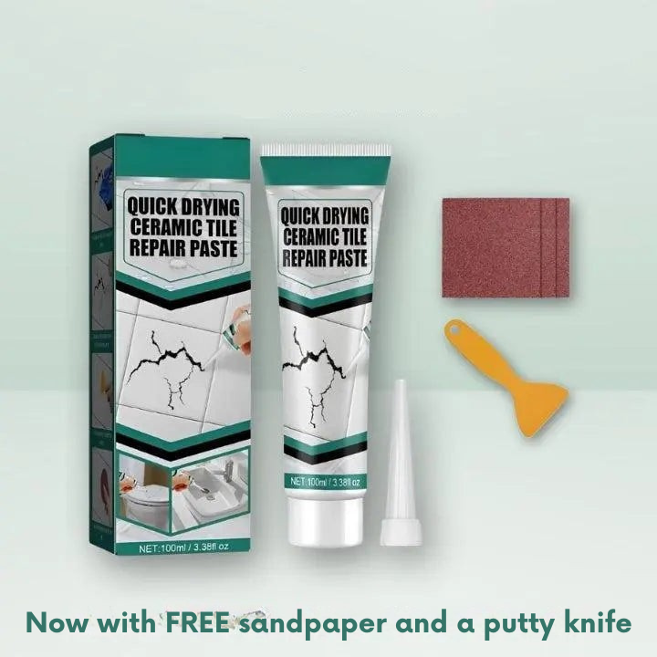 Anwendung der CeramiCare Fliesen Reparaturpaste zum Ausbessern von Rissen & Löchern auf Wand- oder Bodenfliesen.