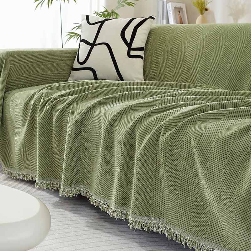 Vielseitige Chenille Decke mit Fischgrätenmuster & Quasten, schützt Möbel & dekoriert.