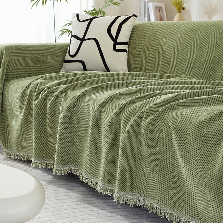 Vielseitige Chenille Decke mit Fischgrätenmuster & Quasten, schützt Möbel & dekoriert.