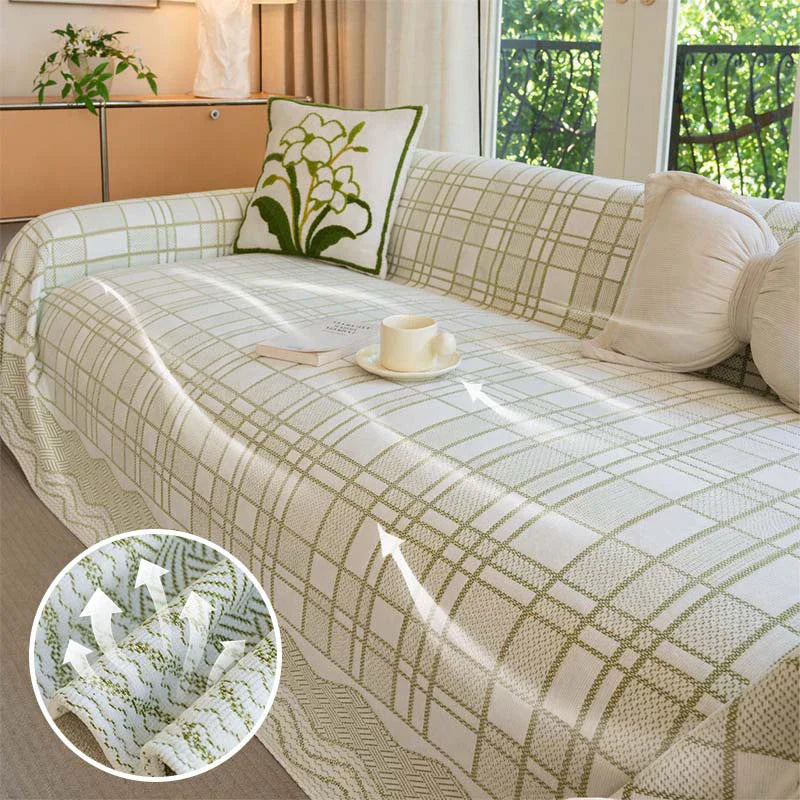 Atmungsaktiver Chenille Sofabezug mit Karomuster. Ideal als haustierfreundlicher Möbelschutz für Ihr Sofa.