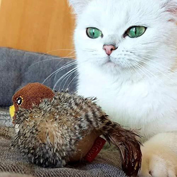 Hochwertiges ChirpBird Katzenspielzeug mit langlebigen Federn und realistischer Akustik.