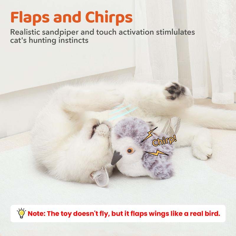 Katze spielt begeistert mit ChirpBird Vogelspielzeug, regt den natürlichen Jagdtrieb an.
