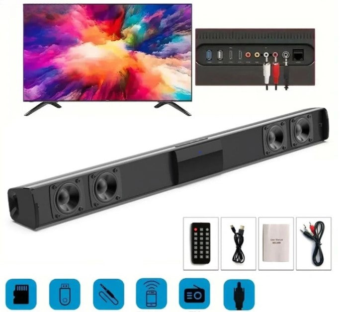 CineWave kabellose Bluetooth Soundbar für Heimkino mit FM-Radio & USB-Anschluss; schlankes Stereo-System.