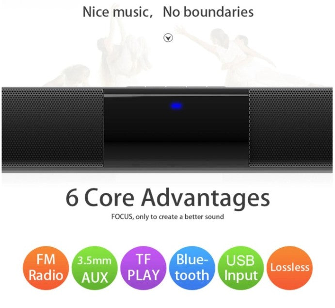 Kompakte Bluetooth Soundbar mit Stereo-Lautsprechern, USB- & FM-Radio-Funktion für vielseitigen Audiogenuss.