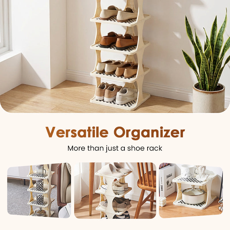 Detailaufnahme des ClariStack Schuhregals mit mehreren Ebenen für verschiedene Schuharten.